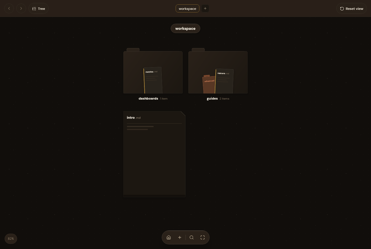 Cobogó showing a dark spatial workspace with folders and markdown pages arranged on a canvas.