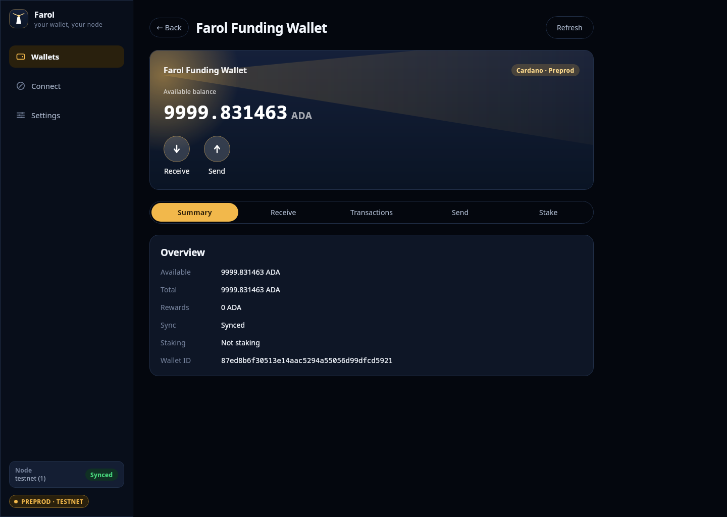 Farol wallet summary screen with a dark interface, wallet balance, and preprod testnet badge.