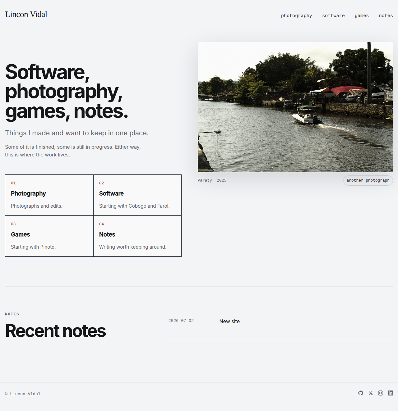 linconvidal.com homepage with large typography, a photograph, and links to photography, software, games, and notes.