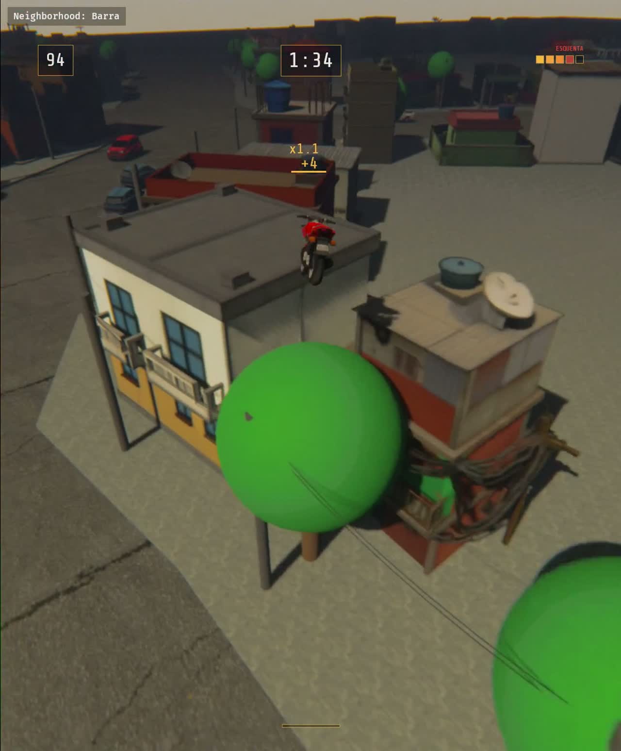 Pinote gameplay showing a red motorcycle jumping across low buildings in a stylized Brazilian city.